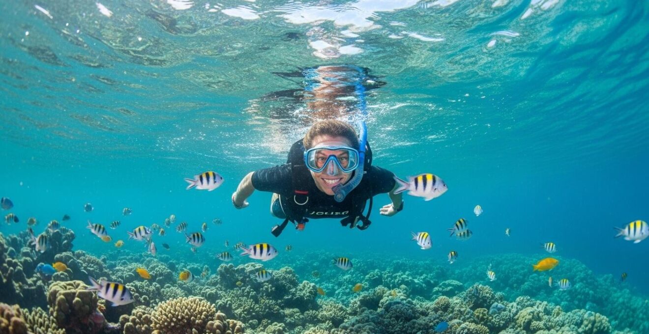 Plongeur en snorkeling dans une eau turquoise près de Petite Terre avec poissons tropicaux autour