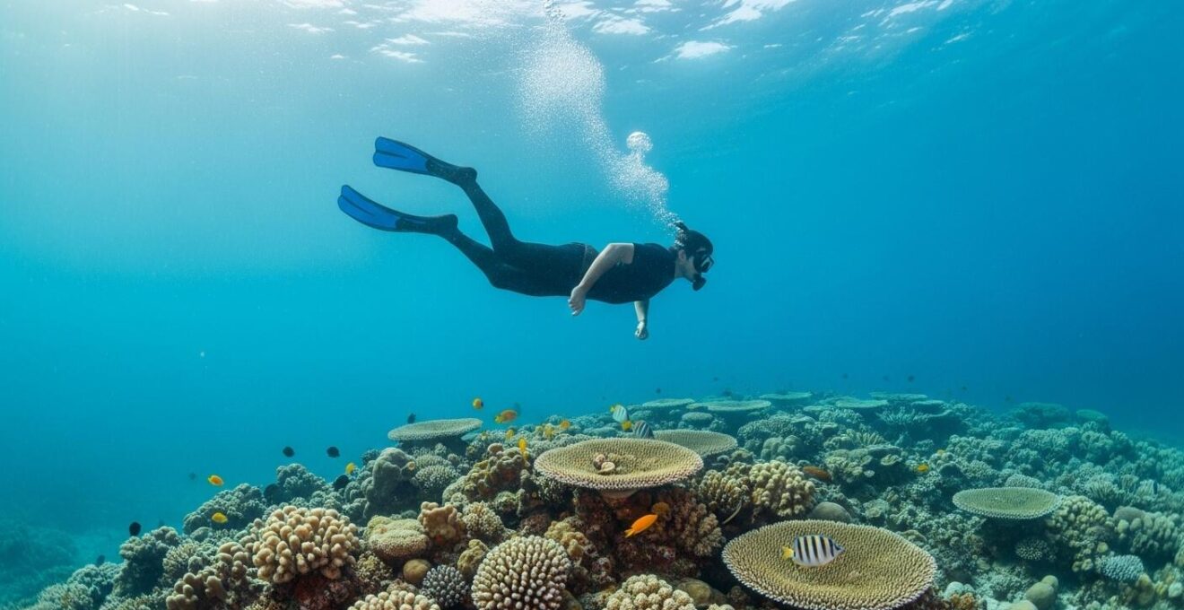 Plongeur dans une eau turquoise limpide en Guadeloupe avec coraux colorés et poissons tropicaux