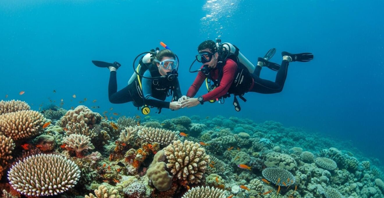 Plongeur avec guide explorant une barrière de corail dense en Guadeloupe
