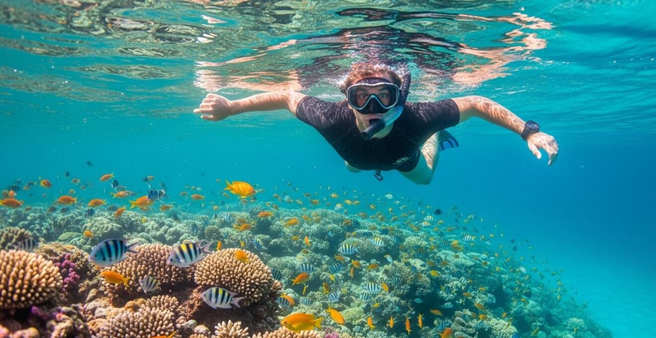 Photographie réaliste d'une personne en snorkeling avec masque et tuba explorant récifs coralliens colorés et poissons tropicaux en Guadeloupe