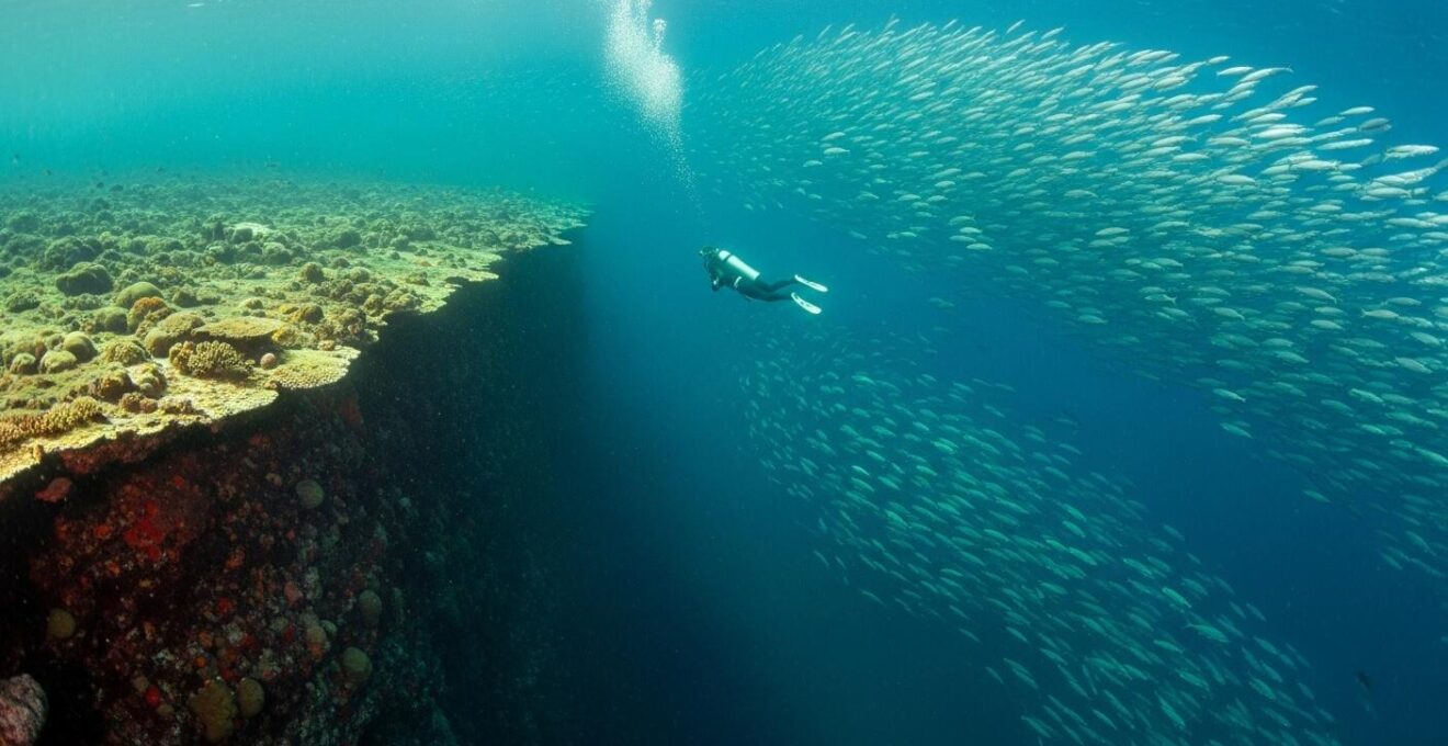 Plongeur sur fond bleu au-dessus d’un tombant vertigineux avec bancs de poissons