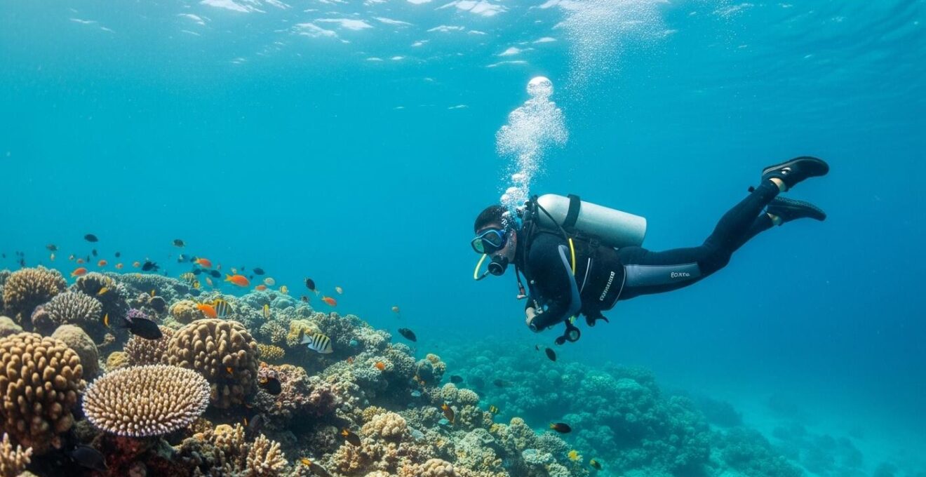Plongeur expérimenté explorant les eaux profondes et turquoises autour du Sec Pâté en Guadeloupe.