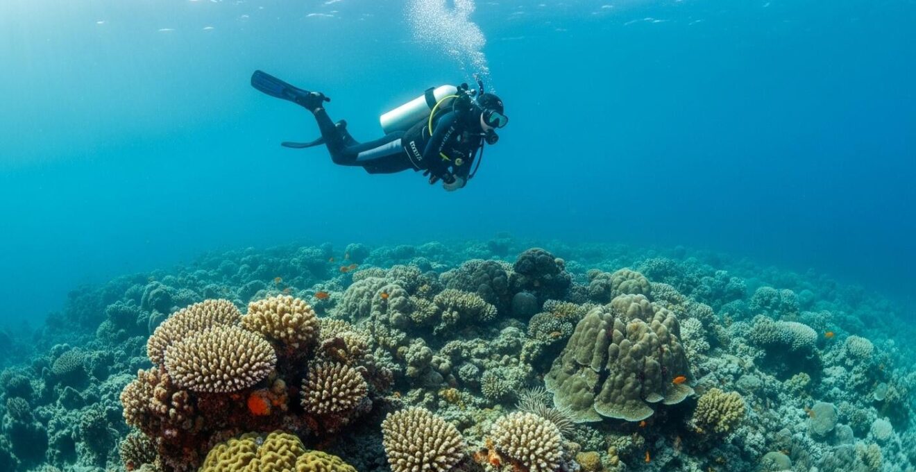 Plongeur certifié explorant un récif corallien coloré en Guadeloupe avec visibilité claire et lumière naturelle