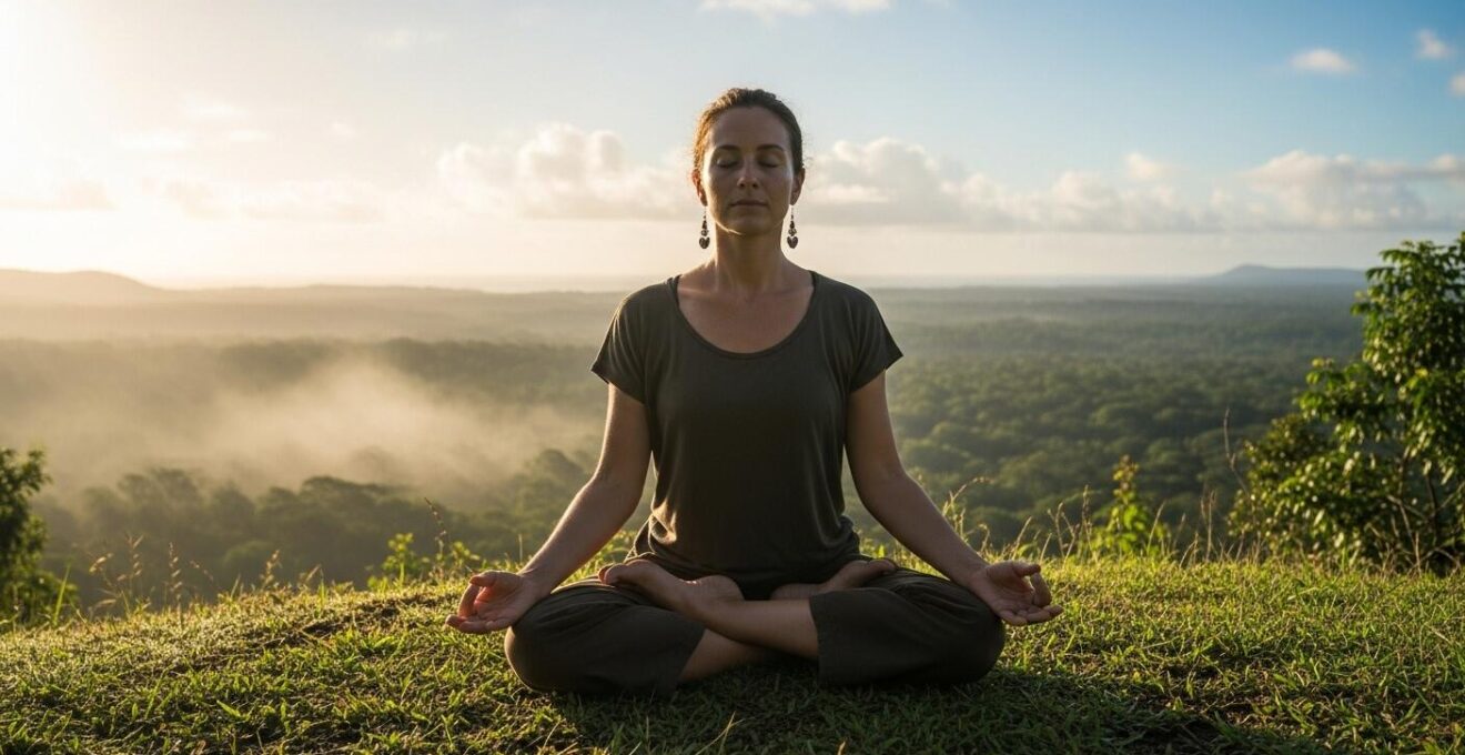Pratiquant de yoga en posture méditative au sommet d'une colline tropicale en Guadeloupe lors d'une randonnée