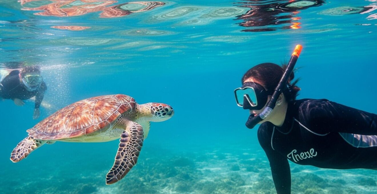 Nageur respectueux observant une tortue marine dans l'eau claire
