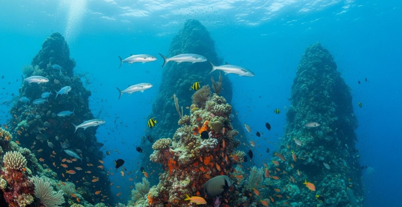 Vue sous-marine réaliste du Sec Pâté avec ses trois pitons rocheux, bancs de poissons et coraux colorés