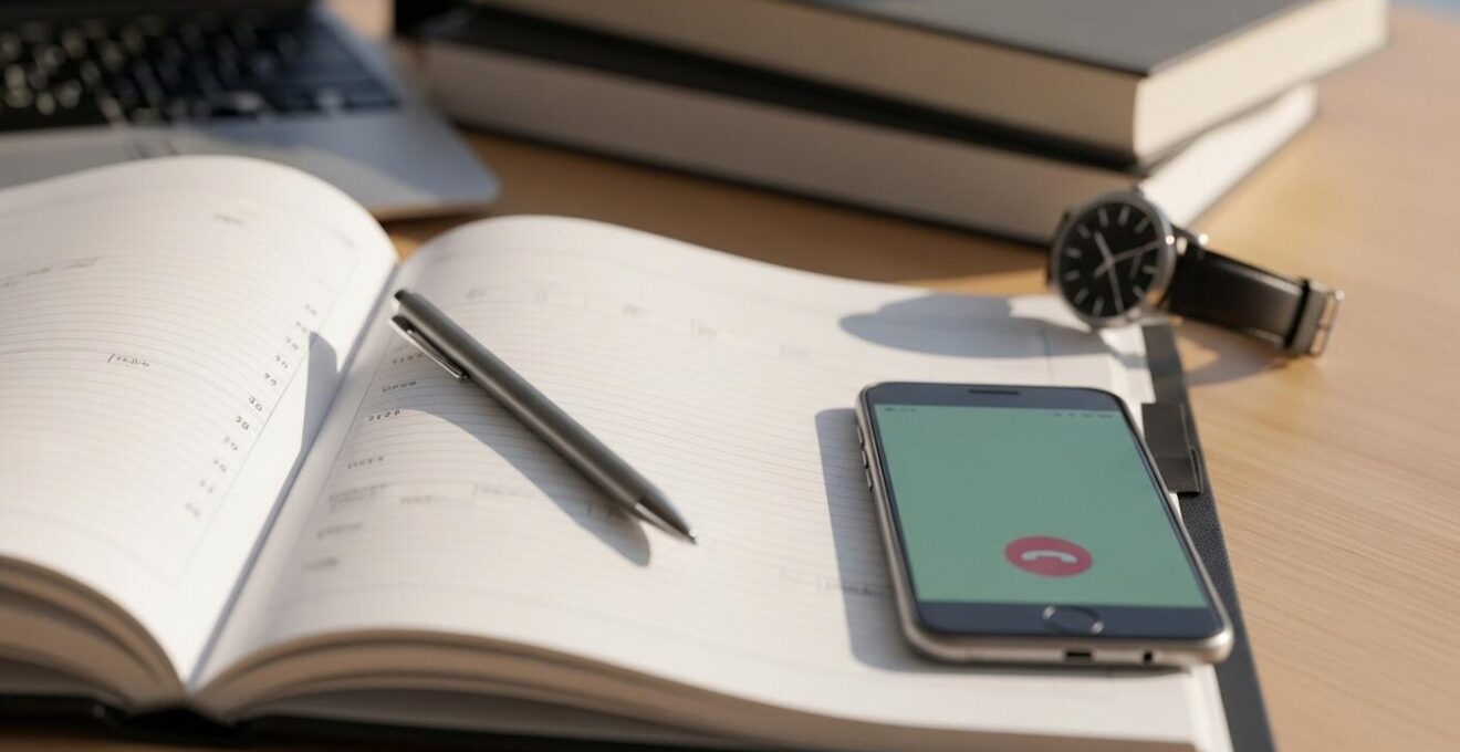 Illustration symbolique représentant la stratégie de réservation d'une place de port avec un agenda, un téléphone et une montre sur une table