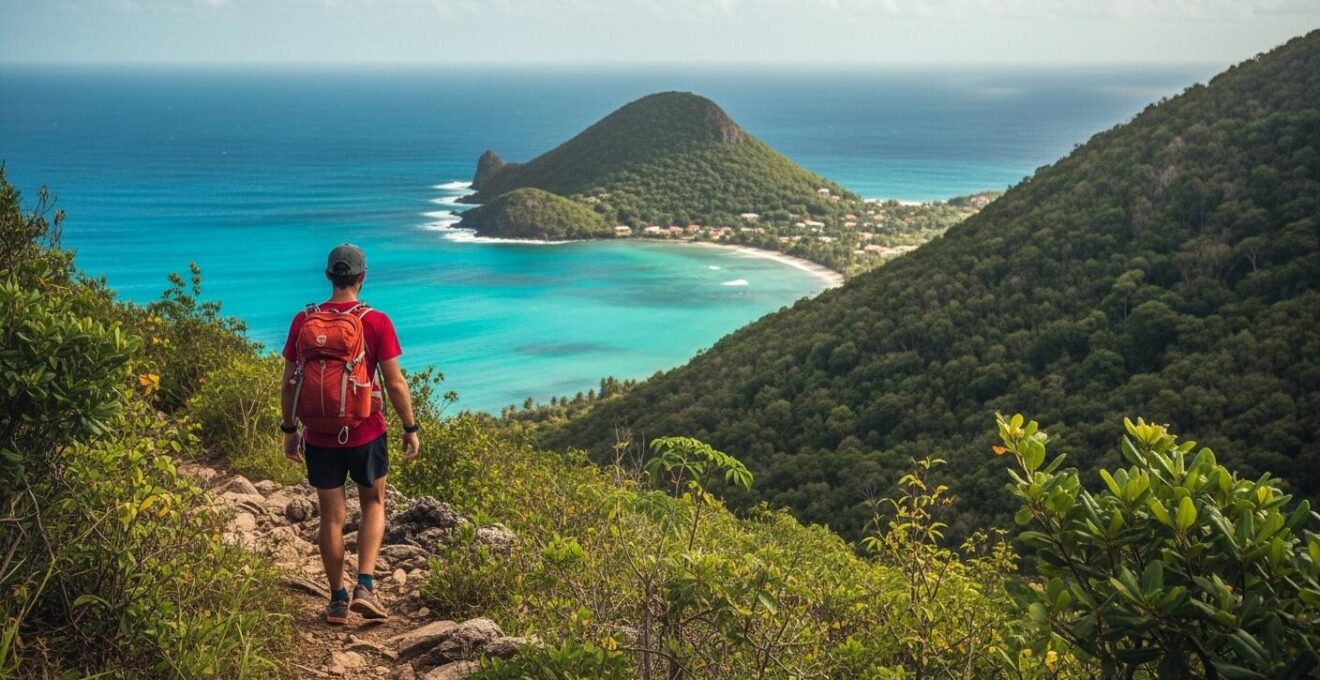 Vue panoramique d'un sportif en randonnée sur un sentier tropical avec vue sur la mer turquoise et la forêt de Guadeloupe