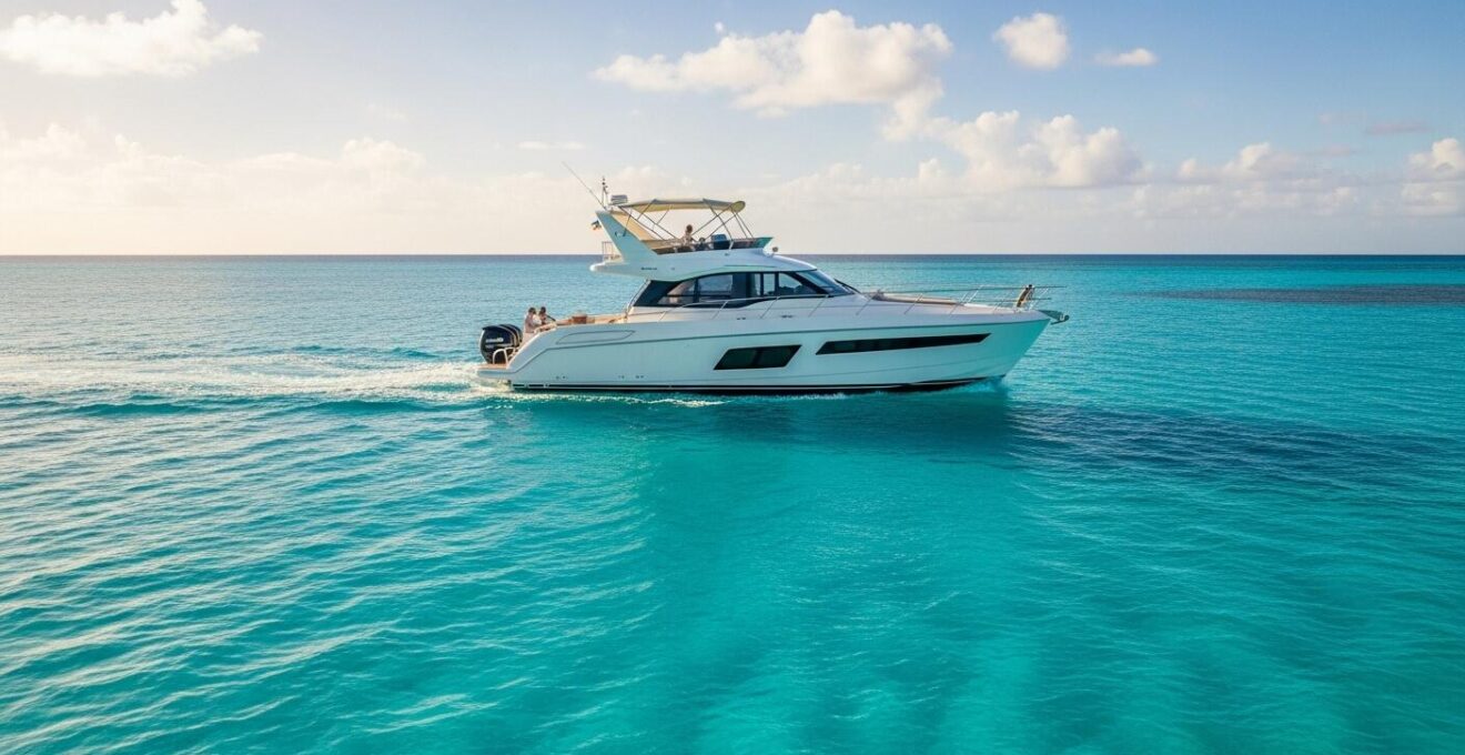 Bateau naviguant sur les eaux turquoise de Guadeloupe avec un coucher de soleil en arrière-plan