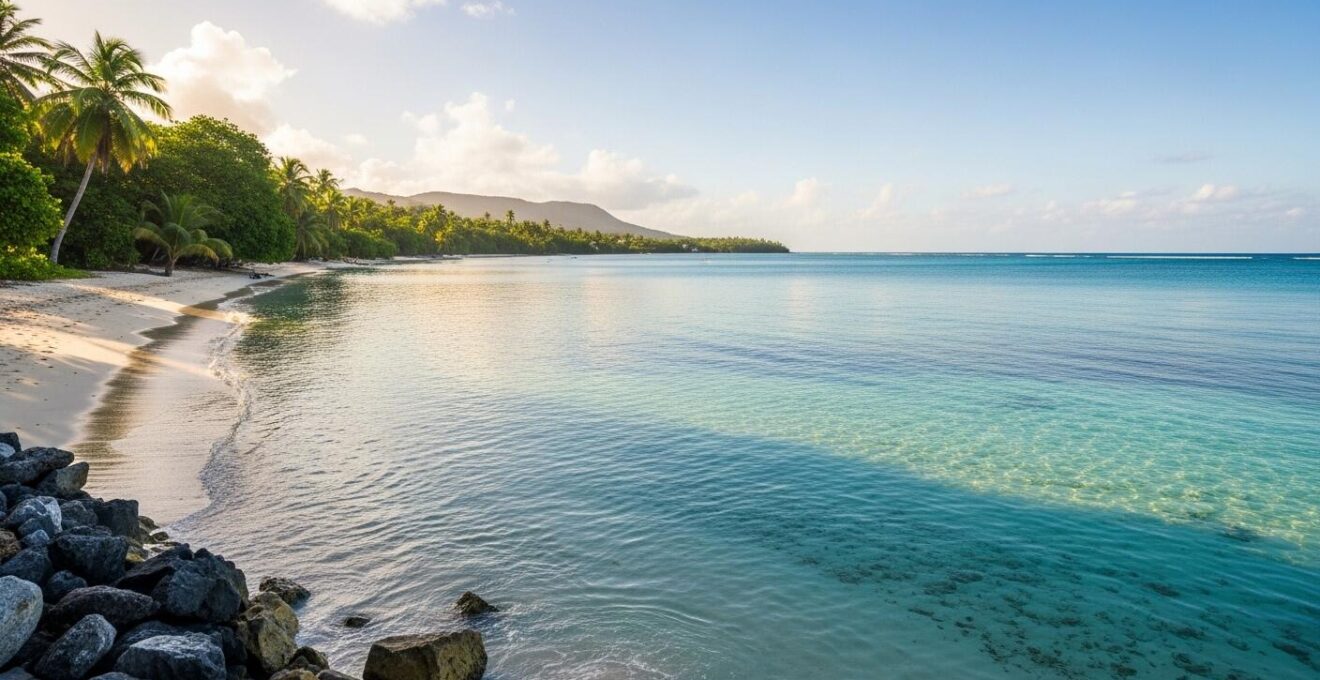 Vue panoramique éclatante de la mer des Caraïbes en Guadeloupe avec une côte tropicale luxuriante et eaux turquoise brillantes