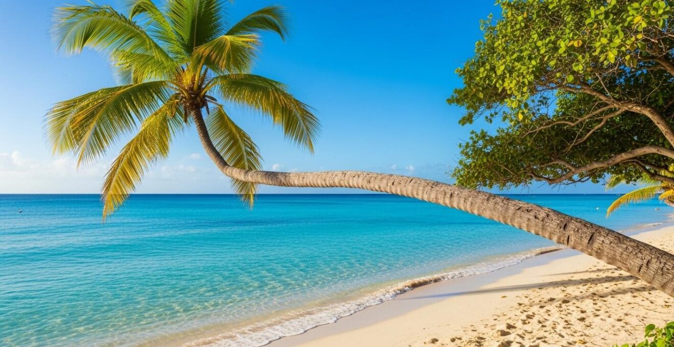 Plage de Guadeloupe avec eau turquoise éclatante, palmiers, ciel bleu et une vague douce sur le rivage
