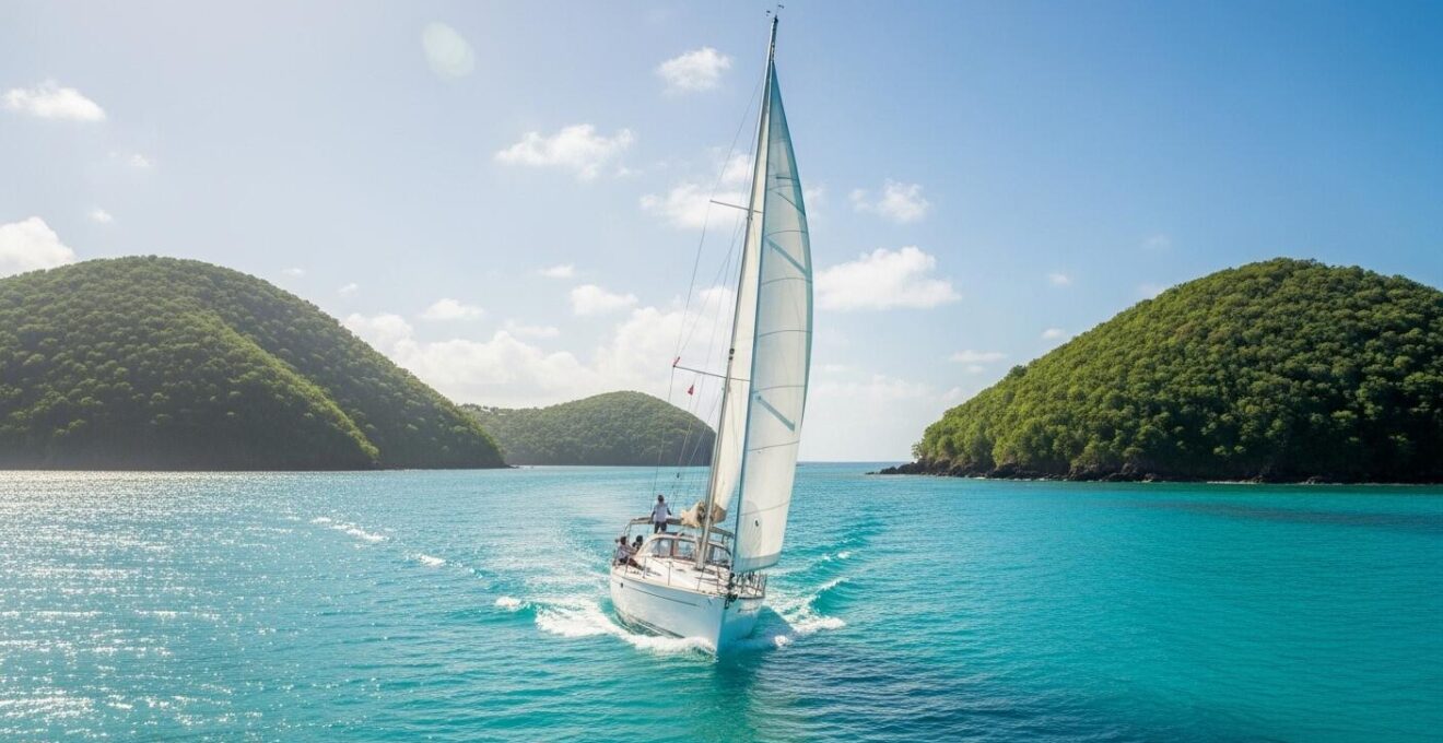 Photographie réaliste d'un voilier naviguant entre plusieurs îles de l'archipel de Guadeloupe