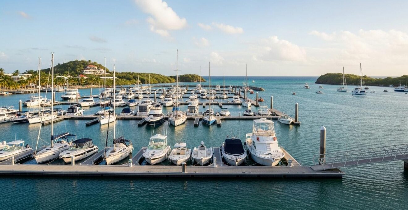 Vue panoramique réaliste de la marina de Bas-du-Fort en Guadeloupe avec bateaux amarrés et paysage côtier tropical