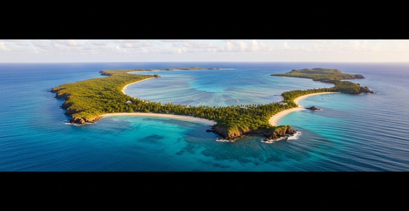 Vue panoramique aérienne réaliste de l'archipel des Saintes en Guadeloupe avec plages et eaux turquoise