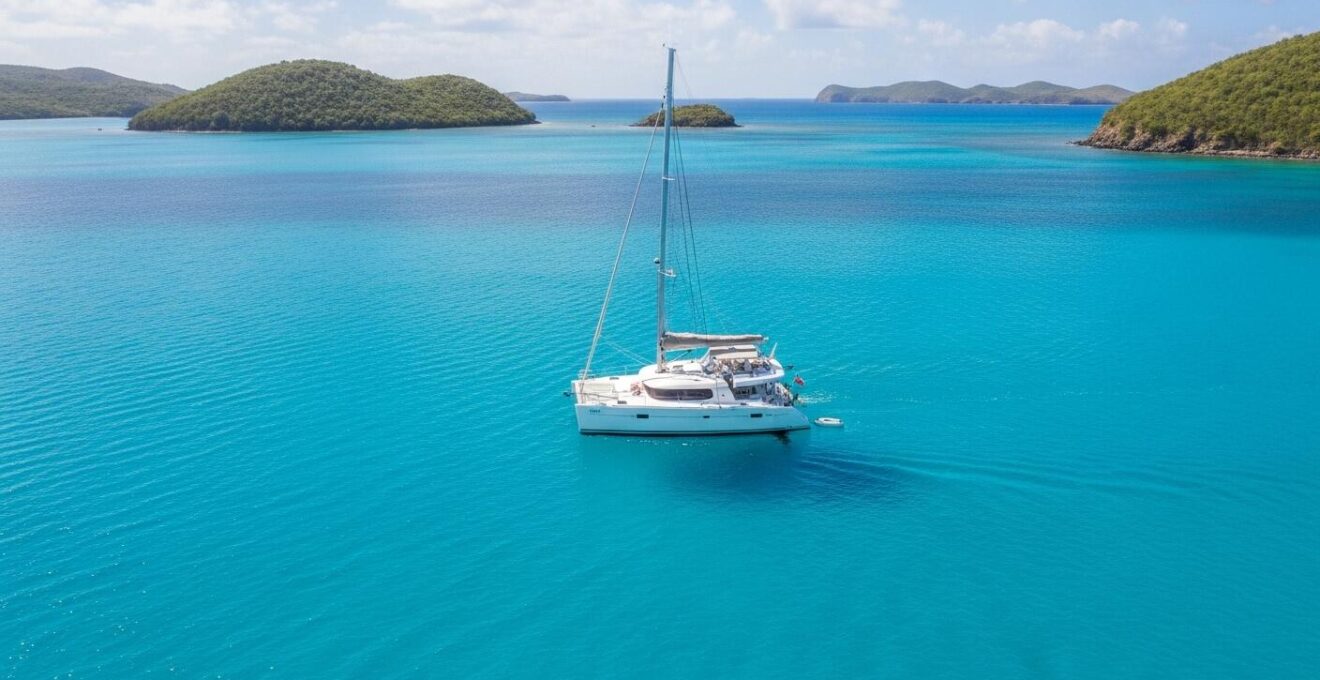 Photographie réaliste d'un voilier naviguant dans les eaux turquoise de Guadeloupe, avec un ciel bleu lumineux et des îles verdoyantes en arrière-plan