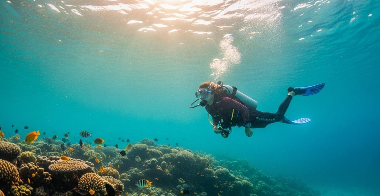 Plongeur émergeant avec un sourire sous l'eau claire de Guadeloupe, entouré de poissons tropicaux et de coraux colorés