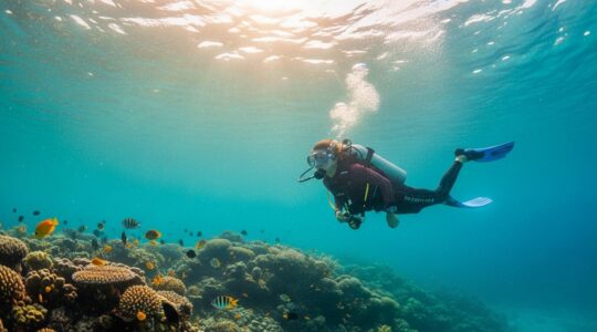 Plongeur émergeant avec un sourire sous l'eau claire de Guadeloupe, entouré de poissons tropicaux et de coraux colorés
