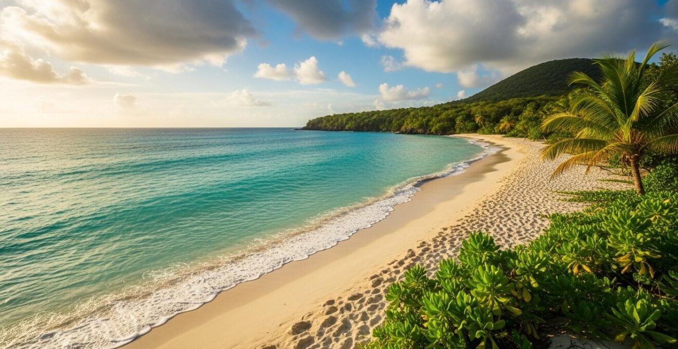 Paysage tropical de la Guadeloupe avec plage de sable blanc, mer turquoise, ciel partiellement nuageux, soleil et végétation luxuriante