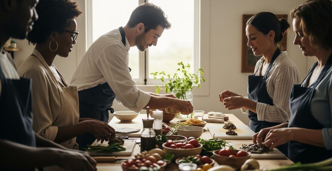 Scène immersive d'un cours de cuisine créole avec un chef en interaction avec un petit groupe dans une cuisine authentique guadeloupéenne