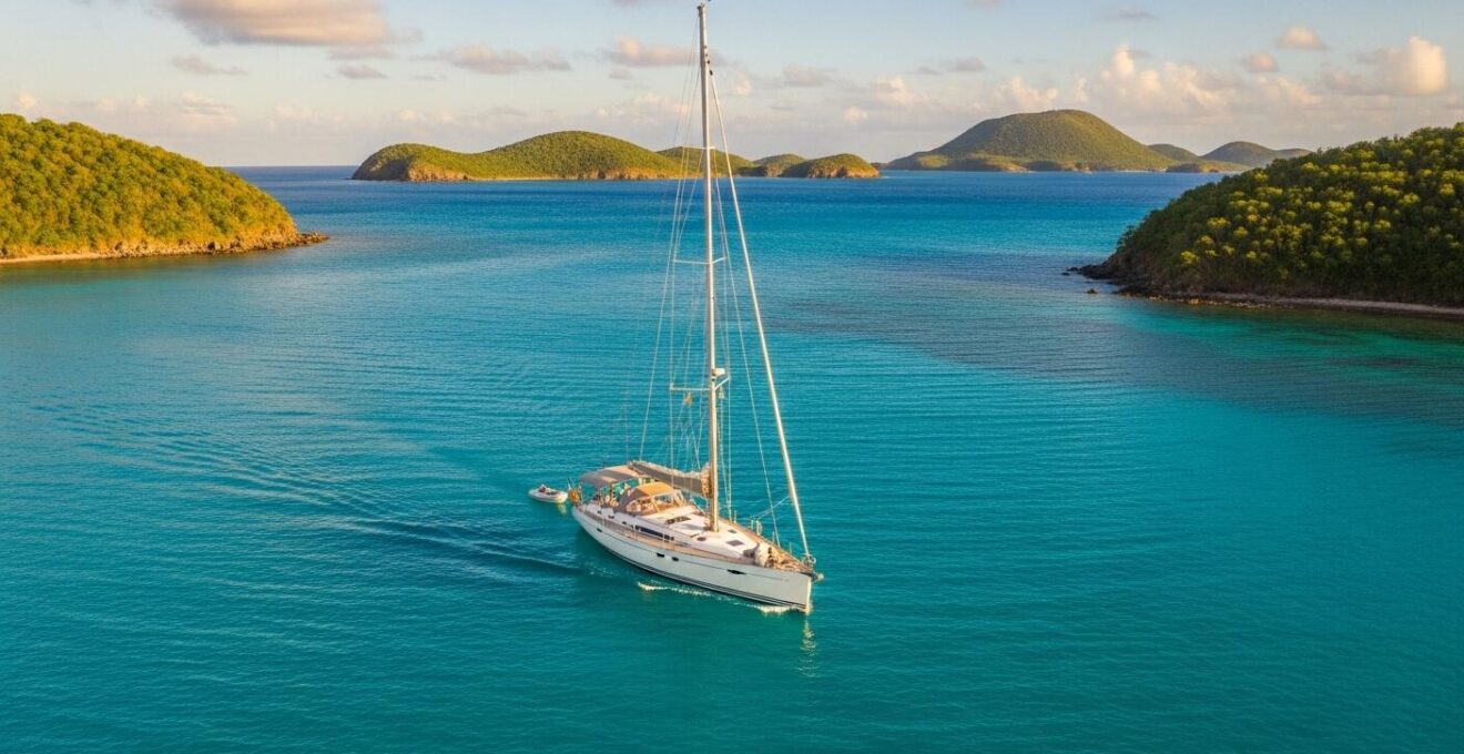 Bannière d'une croisière en Guadeloupe montrant un voilier naviguant sur une mer turquoise avec des îles tropicales en arrière-plan sous un ciel ensoleillé.