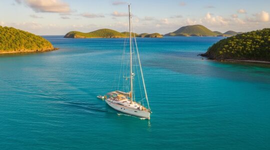 Bannière d'une croisière en Guadeloupe montrant un voilier naviguant sur une mer turquoise avec des îles tropicales en arrière-plan sous un ciel ensoleillé.