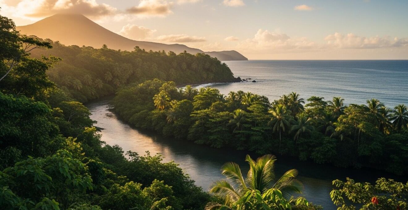 Paysage naturel luxuriant de la Guadeloupe avec forêt tropicale, rivière et littoral préservé au lever du soleil