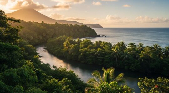 Paysage naturel luxuriant de la Guadeloupe avec forêt tropicale, rivière et littoral préservé au lever du soleil