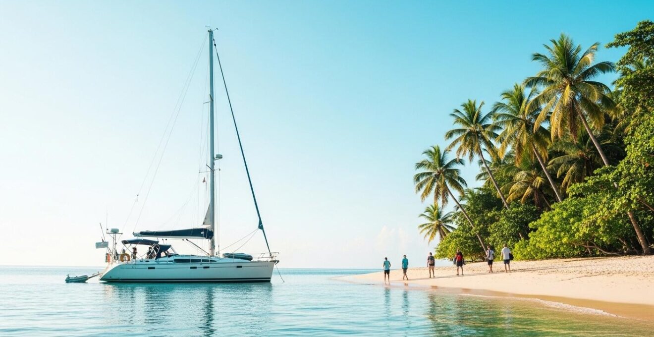 Image d’un bateau au mouillage proche d’une plage tropicale avec un groupe de personnes partant en randonnée sur la terre ferme sous un ciel ensoleillé.