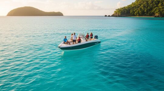 Bateau de plaisance naviguant sur une mer turquoise en Guadeloupe avec des paysages d'îles tropicales en arrière-plan, ambiance d'exploration et détente.