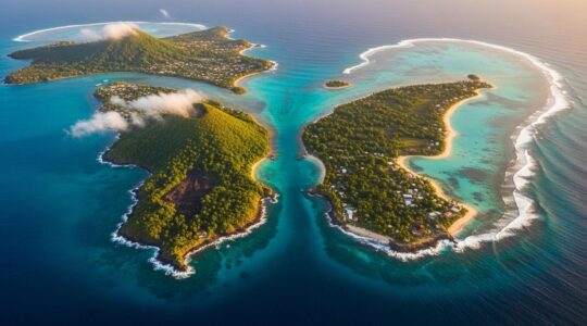 Vue aérienne colorée de la Guadeloupe en forme de papillon avec ses deux ailes distinctes, Grande-Terre et Basse-Terre, entourées d'eau turquoise