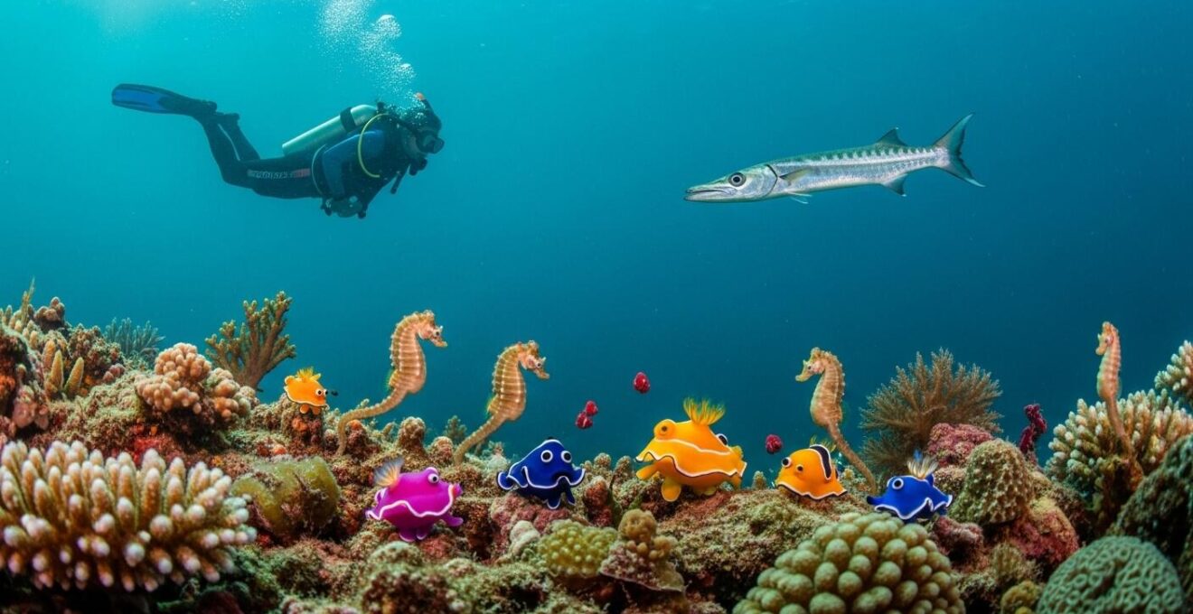 Explorateur patient observant la biodiversité sous-marine riche de Guadeloupe, incluant coraux colorés, poissons tropicaux et herbiers marins