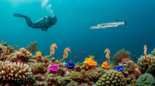 Explorateur patient observant la biodiversité sous-marine riche de Guadeloupe, incluant coraux colorés, poissons tropicaux et herbiers marins