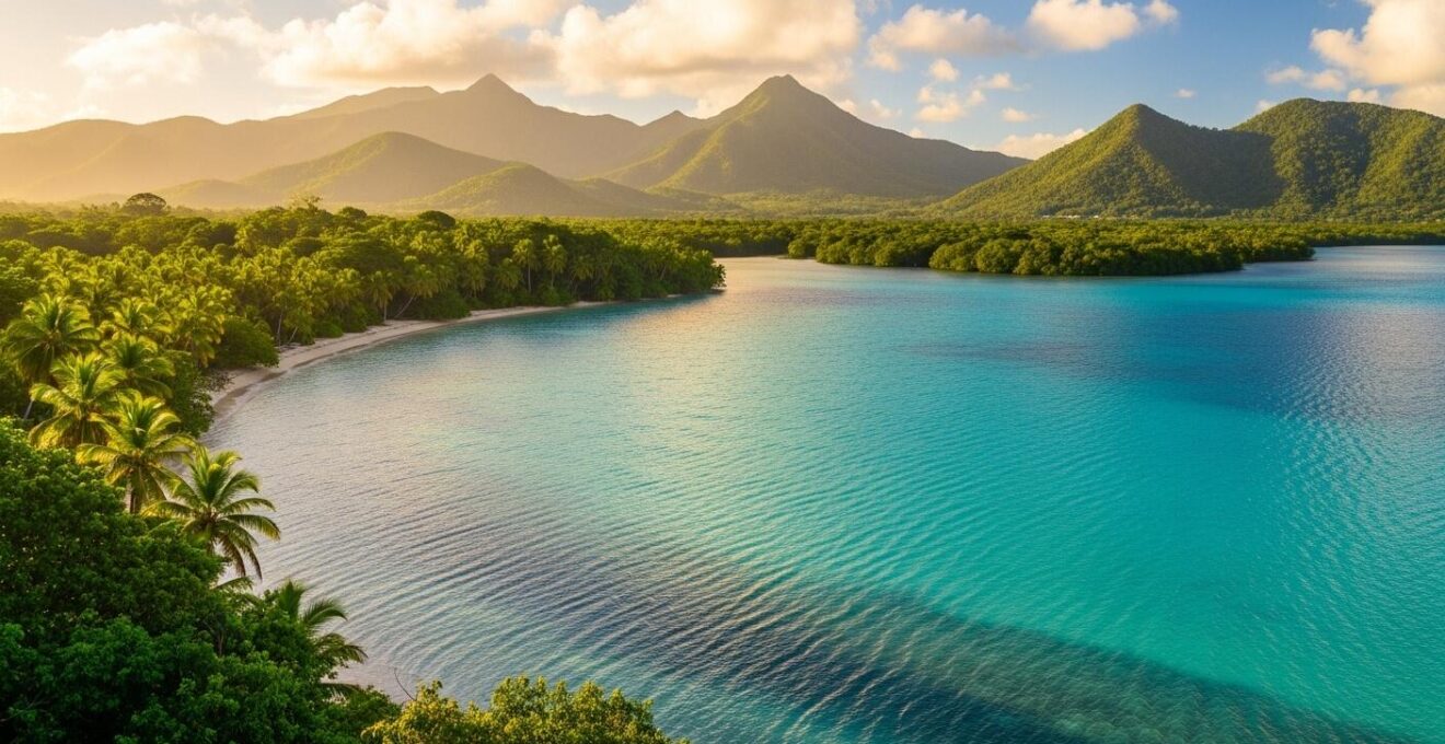 Vue panoramique spectaculaire d'une plage de Guadeloupe avec eau turquoise, forêt luxuriante et montagnes en arrière-plan