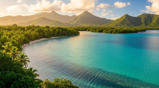 Vue panoramique spectaculaire d'une plage de Guadeloupe avec eau turquoise, forêt luxuriante et montagnes en arrière-plan