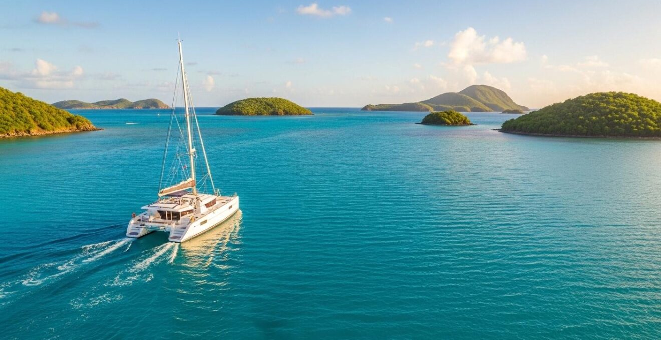 Un catamaran naviguant sur les eaux turquoise de la Guadeloupe, avec des îles verdoyantes en arrière-plan sous un ciel dégagé