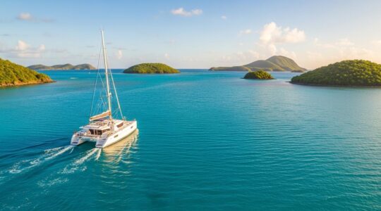 Un catamaran naviguant sur les eaux turquoise de la Guadeloupe, avec des îles verdoyantes en arrière-plan sous un ciel dégagé