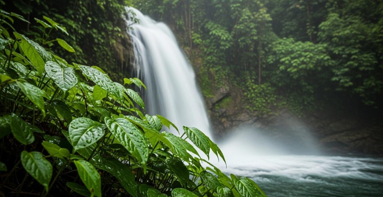 Vue intime et sensorielle d'une cascade tropicale en Guadeloupe avec forêt luxuriante et détails naturels