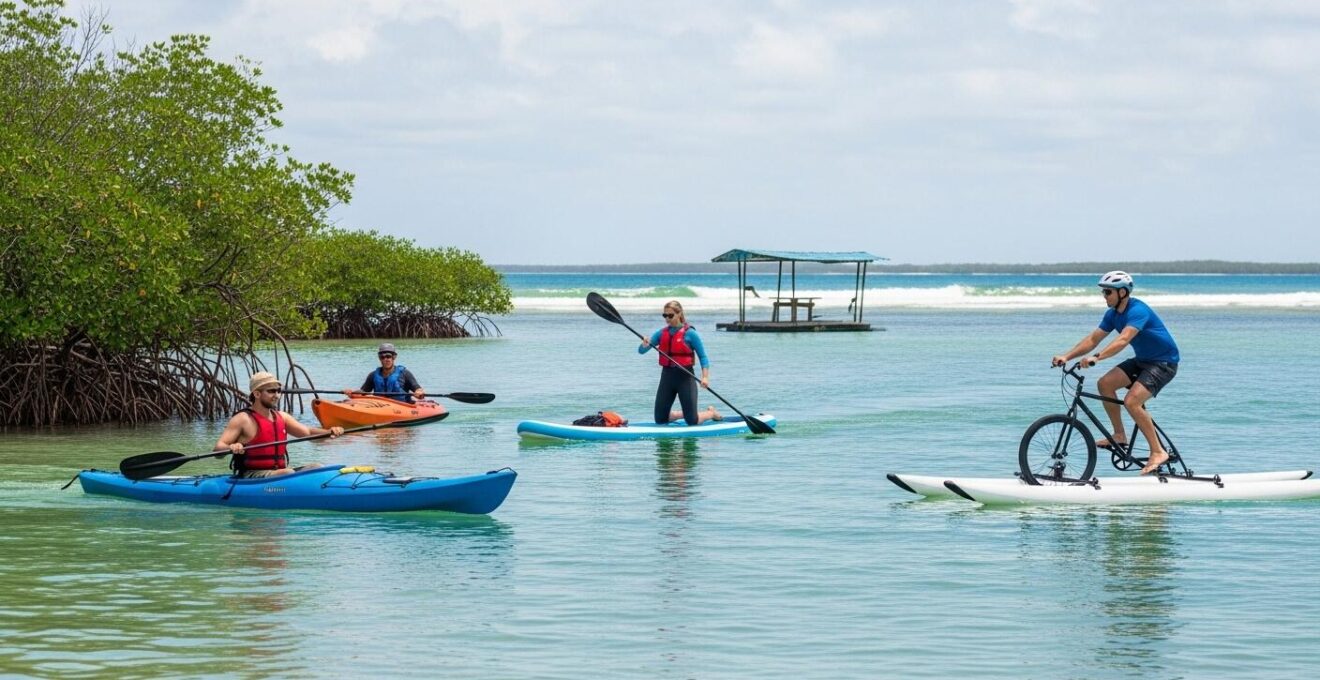 Trois personnes utilisant respectivement un kayak, un paddle et un VTT des mers dans les eaux turquoise de Guadeloupe