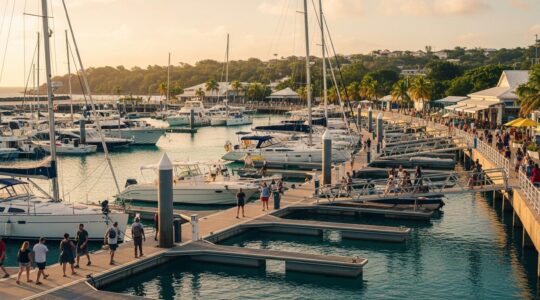 Vue panoramique d'une marina en Guadeloupe avec bateaux amarrés, visiteurs et paysage tropical en arrière-plan