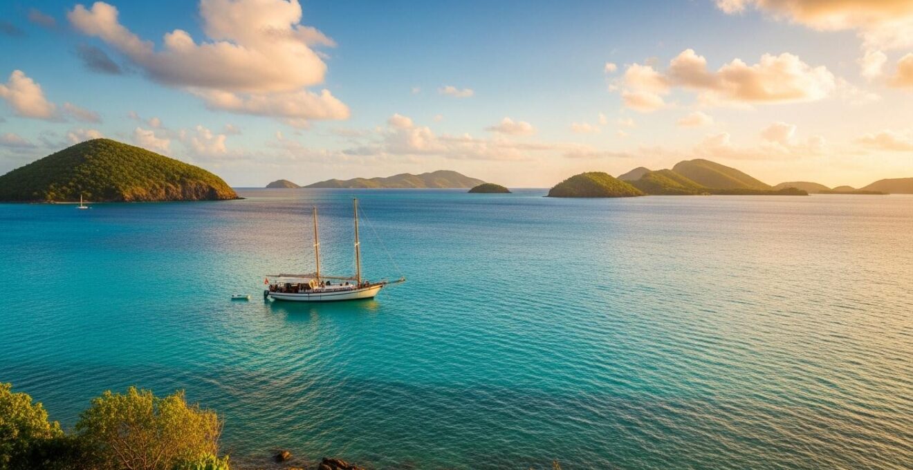 Vue panoramique de la baie des Saintes en Guadeloupe avec un voilier classique à voile et l'archipel au coucher du soleil