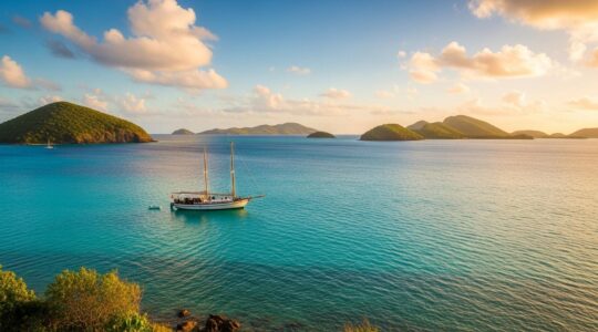 Vue panoramique de la baie des Saintes en Guadeloupe avec un voilier classique à voile et l'archipel au coucher du soleil