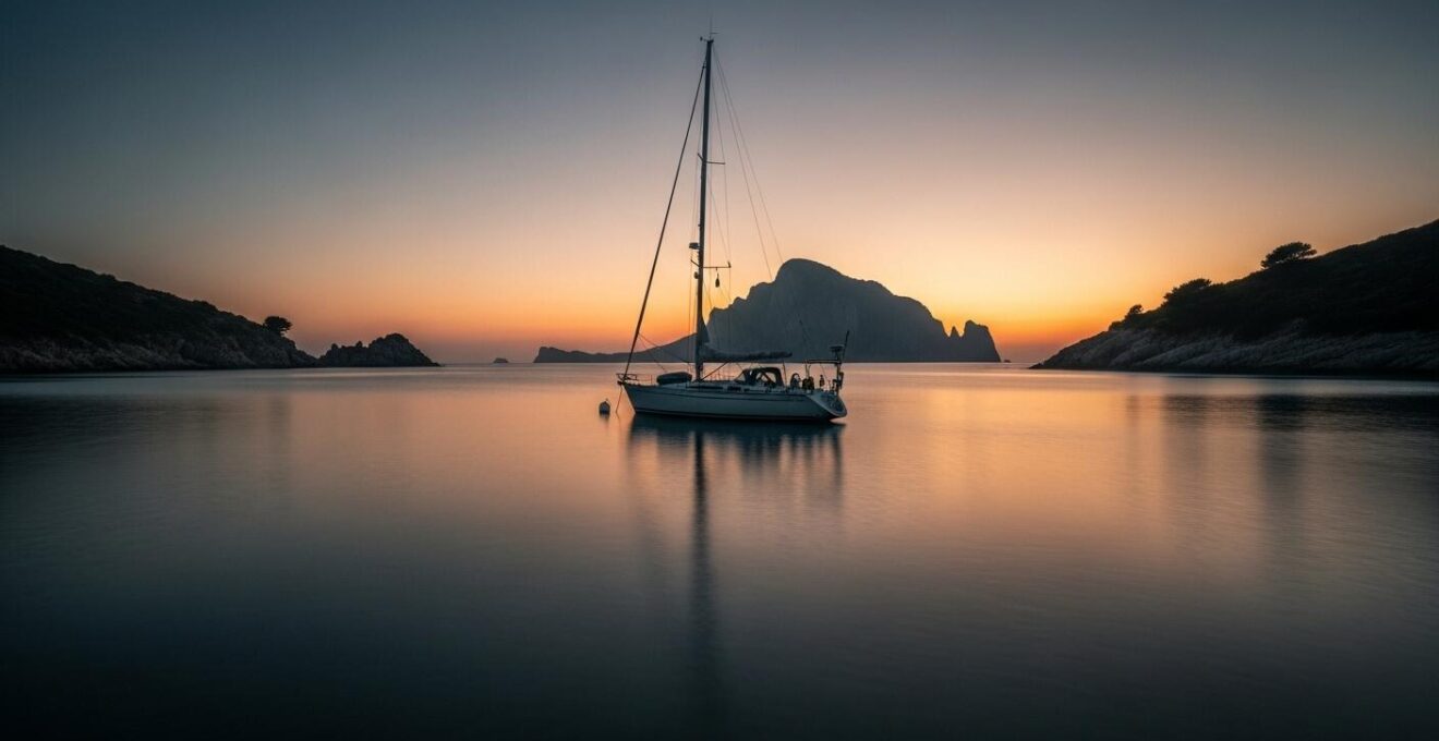 Bateau à voile amarré dans une baie calme des Saintes au coucher du soleil avec vue sur Pain de Sucre