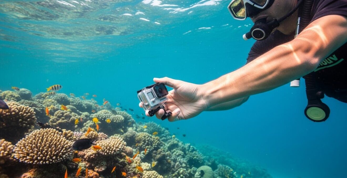 Plongeur sous-marin avec GoPro capturant la vie marine colorée autour des coraux et gorgones