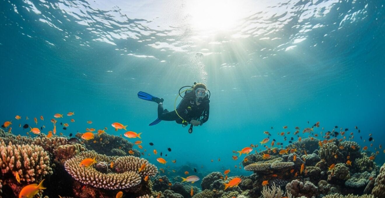Plongeur explorant les fonds marins colorés de la Guadeloupe avec fonds marins coralliens et poissons tropicaux en arrière-plan