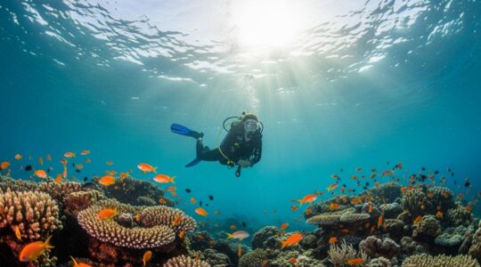 Plongeur explorant les fonds marins colorés de la Guadeloupe avec fonds marins coralliens et poissons tropicaux en arrière-plan
