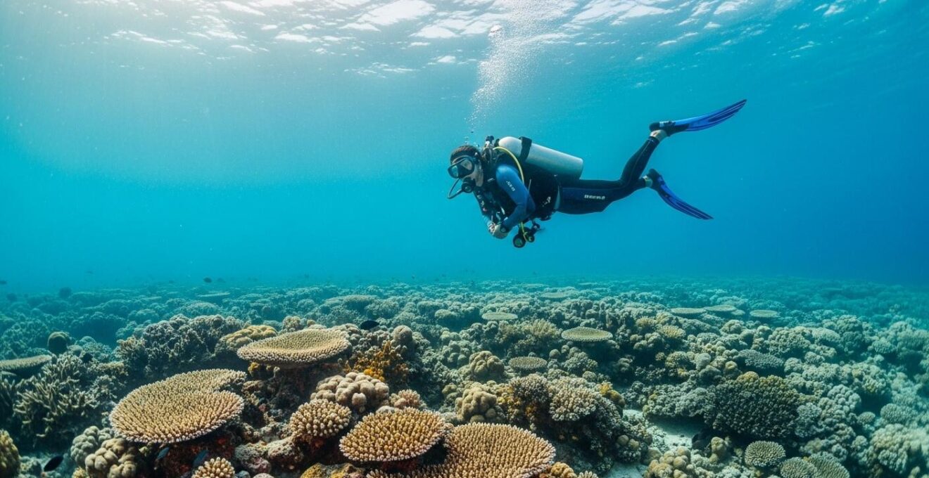 Un plongeur autonome explorant un récif corallien vibrant en Guadeloupe sous une eau cristalline