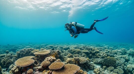 Un plongeur autonome explorant un récif corallien vibrant en Guadeloupe sous une eau cristalline