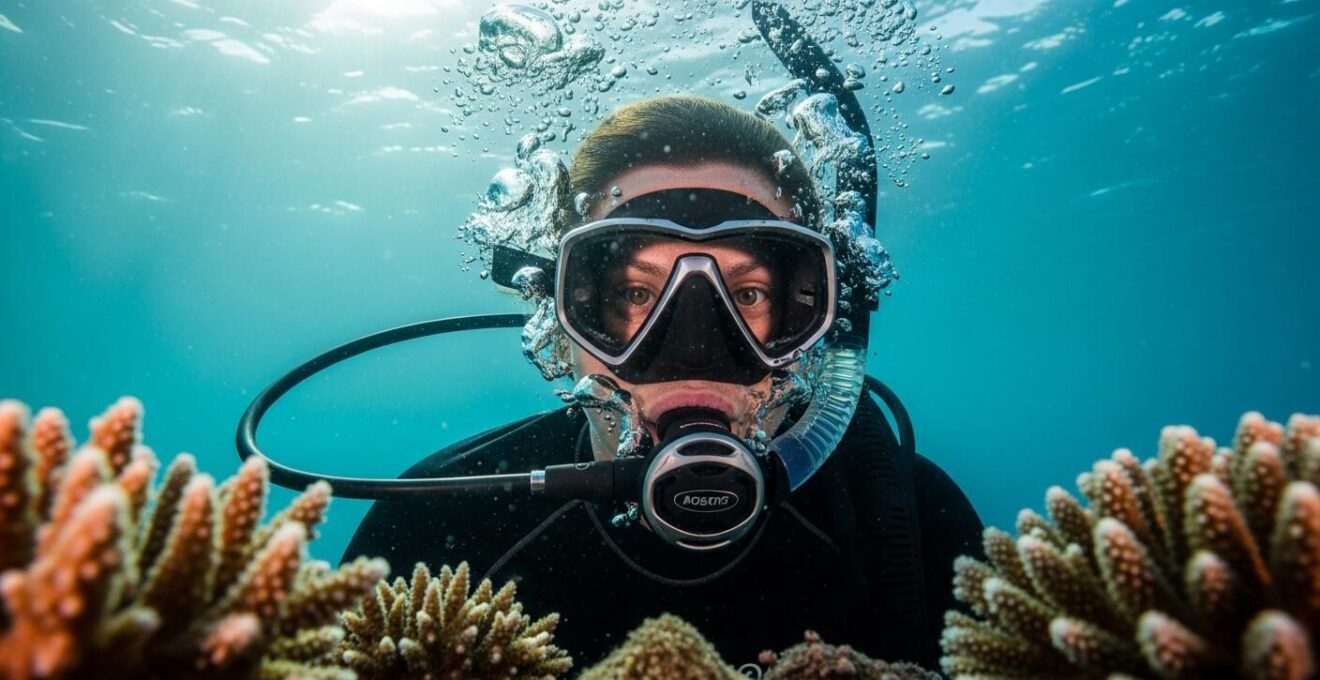 Première respiration sous l'eau lors d'un baptême de plongée dans une eau turquoise et claire