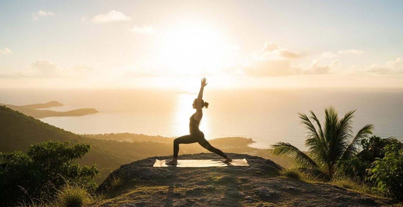 Personne pratiquant la posture du guerrier face à l’océan sur un sommet en Guadeloupe au lever du soleil