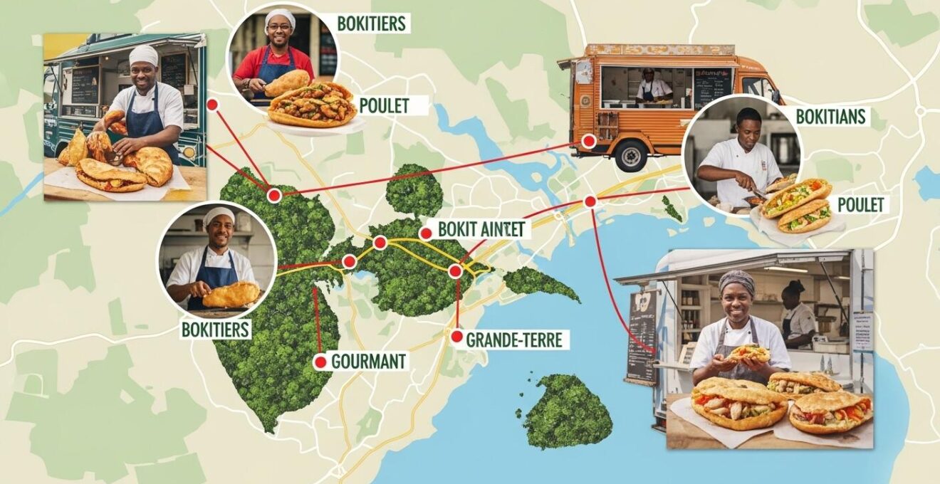 Carte interactive stylisée avec des food-trucks de bokits, portrait de bokit masters et photos de plats colorés